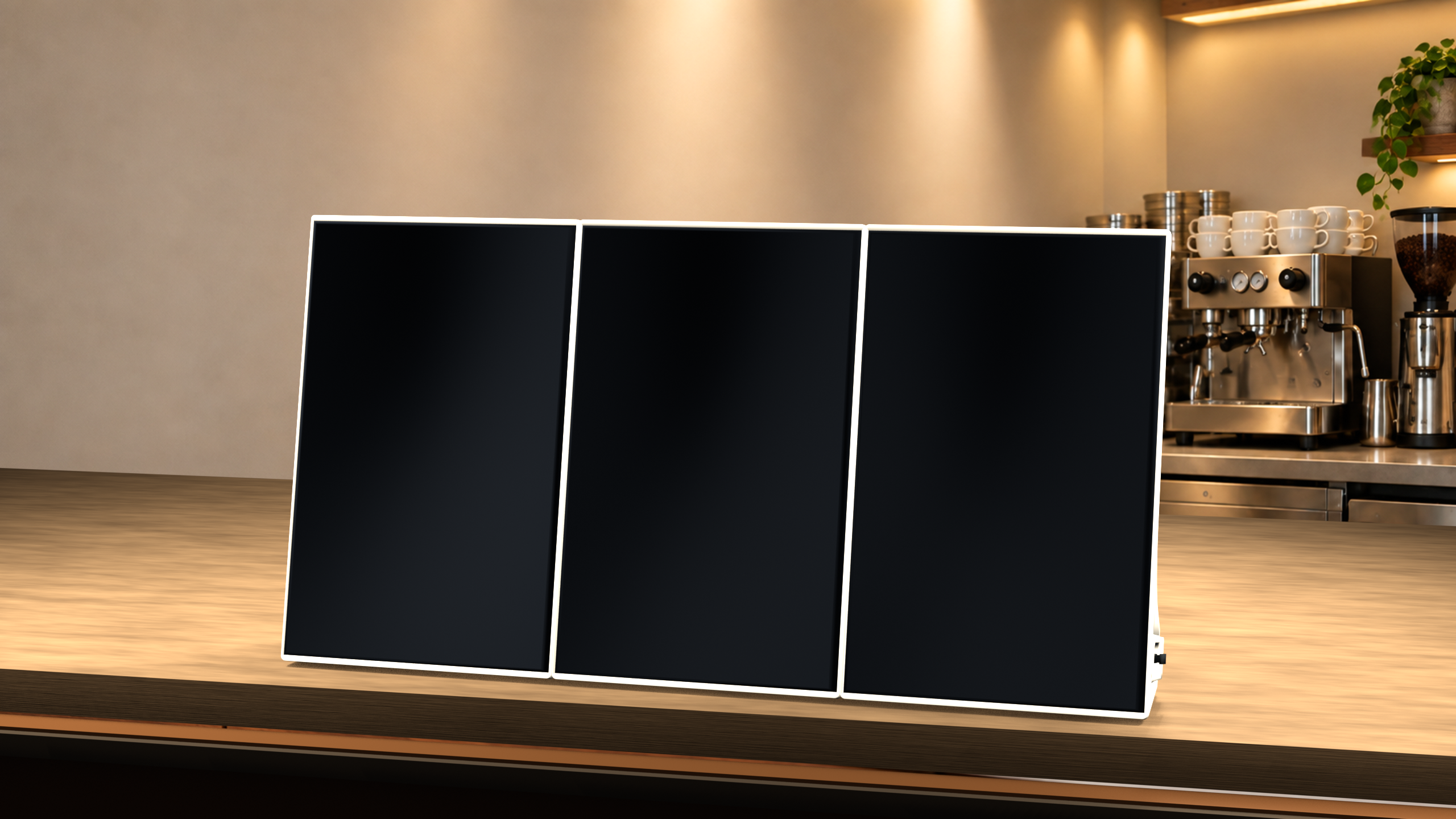 카페 카운터에 설치된 Paperless A4 Stand 3대 사선뷰